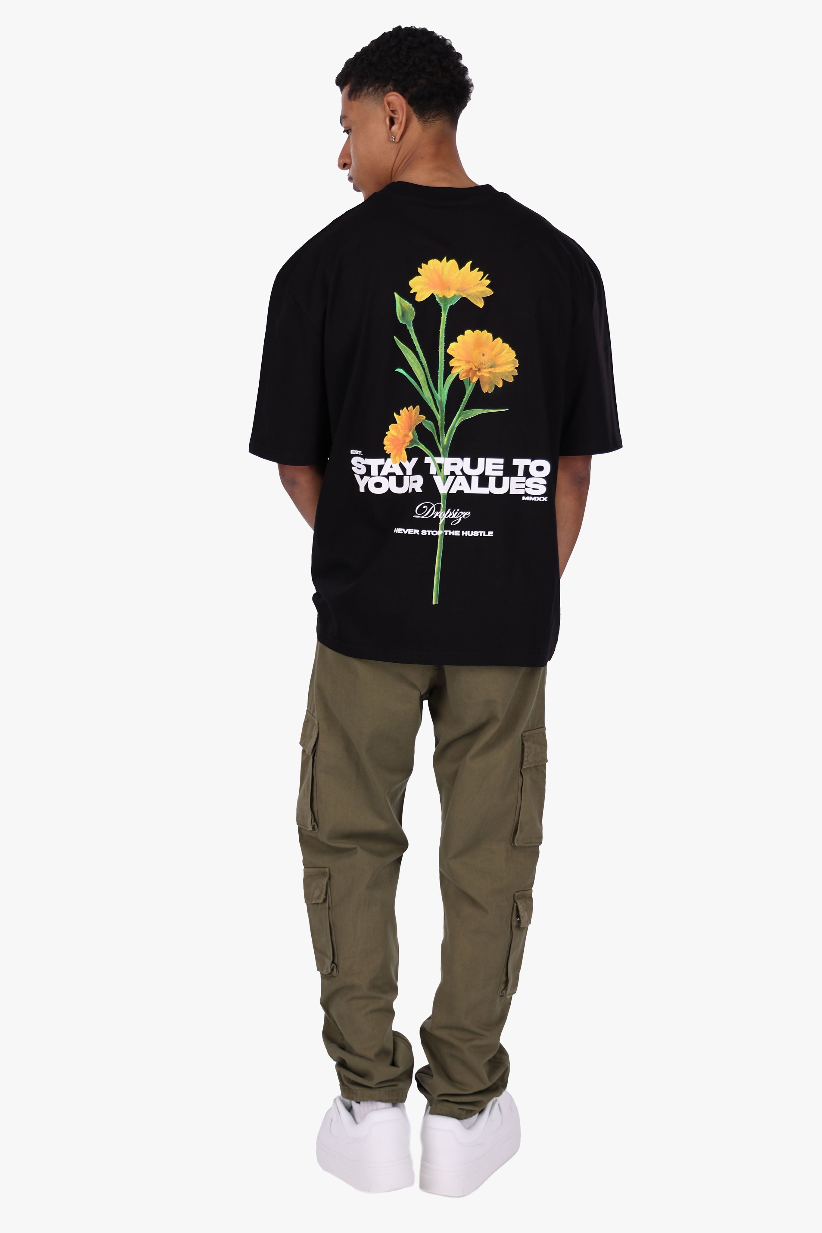 HEAVY OVERSIZE STAY TRUE FLOWERS T-SHIRT BLACK