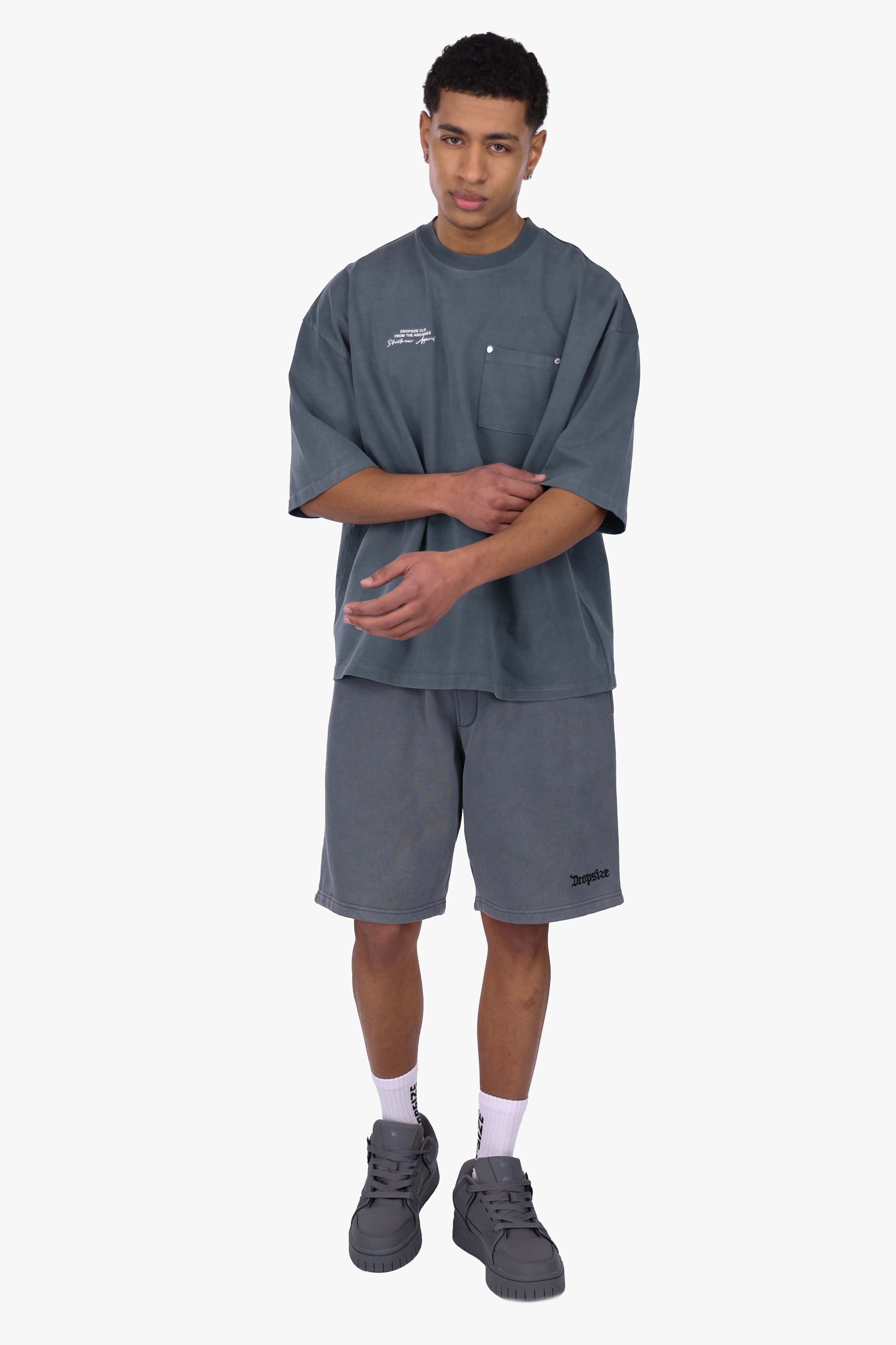 HEAVY OVERSIZE POCKET T-SHIRT ACID WASHED GREY