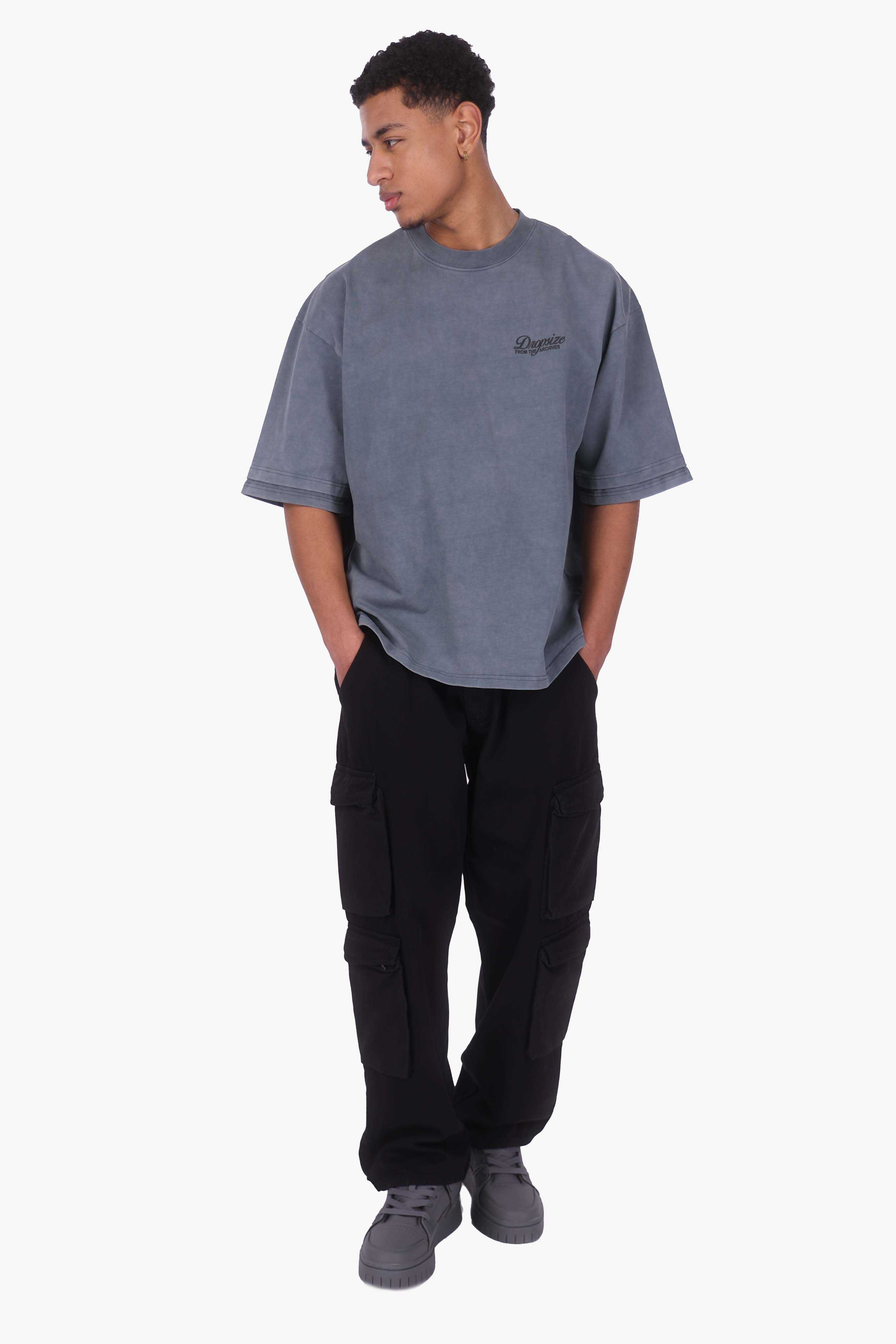 HEAVY OVERSIZE DOUBLE ARM T-SHIRT ACID WASHED GREY