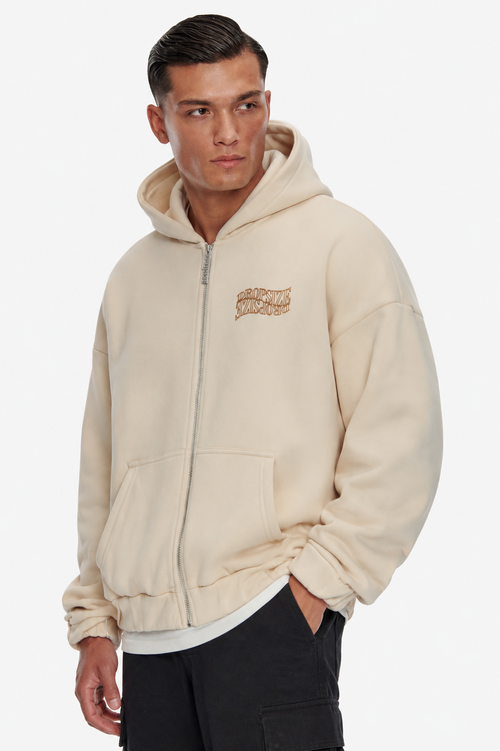 HEAVY OVERSIZE MIRRORED LOGO ZIP-HOODIE COCONUT MILK
