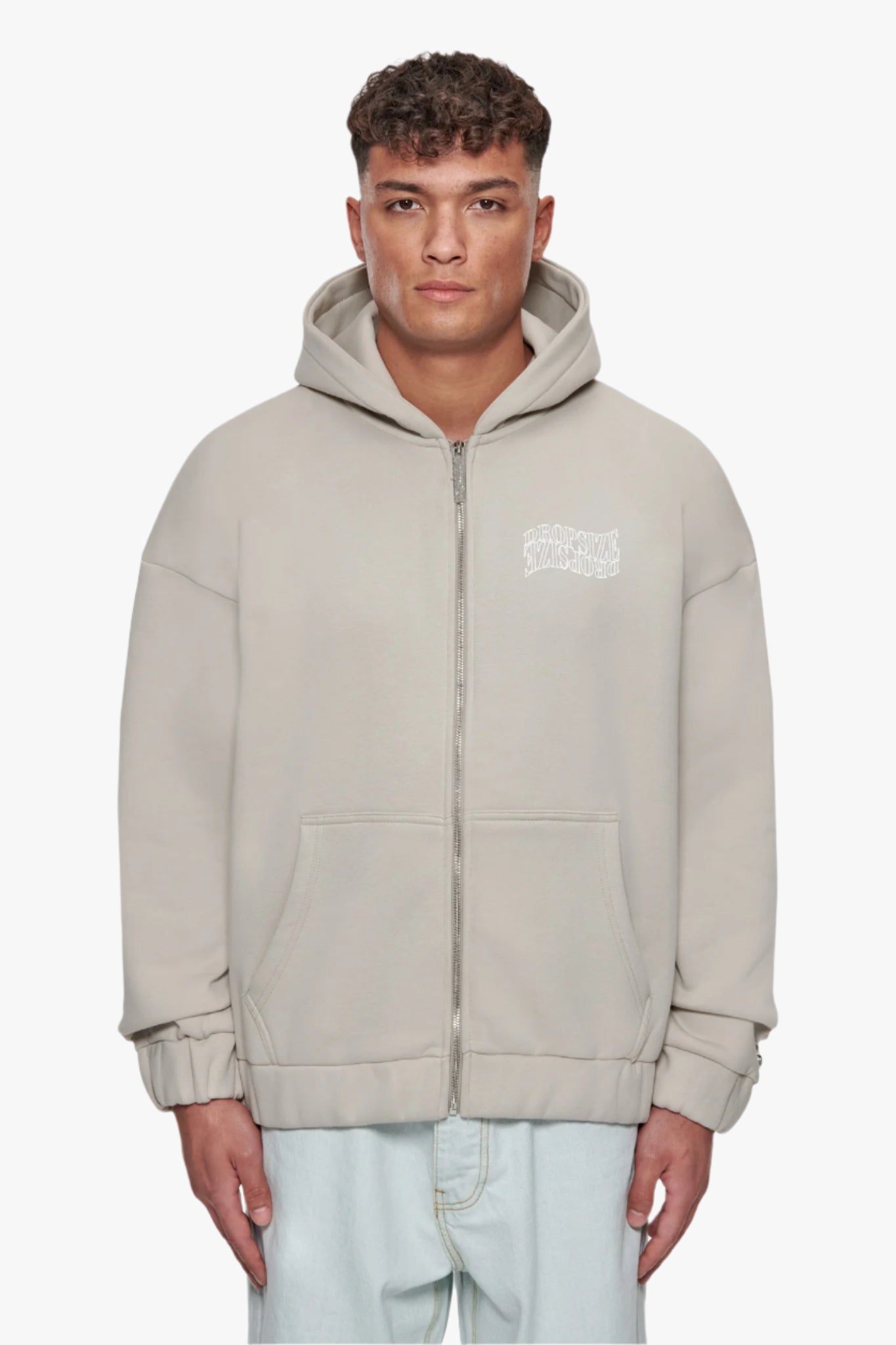 HEAVY OVERSIZE MIRRORED LOGO ZIP-HOODIE STONE