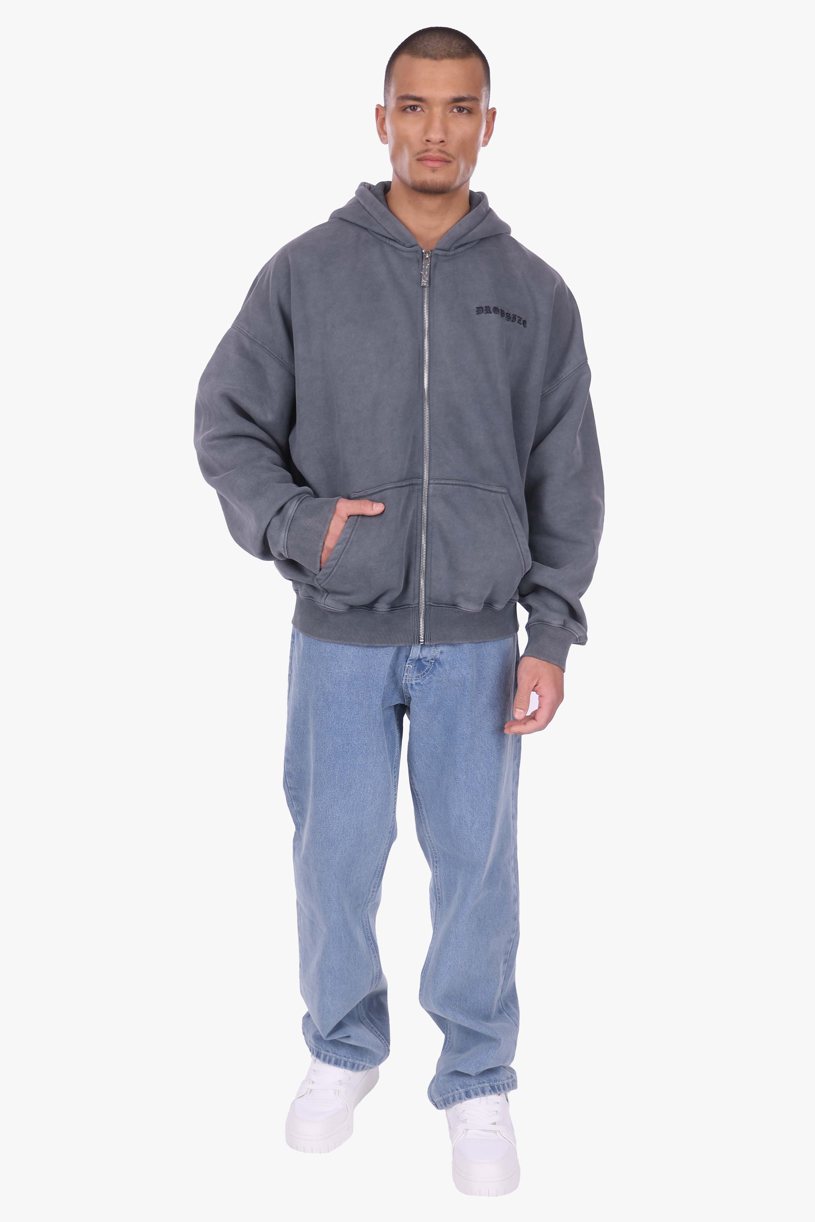 HEAVY OVERSIZE LOGO ZIP HOODIE ACID WASHED GREY