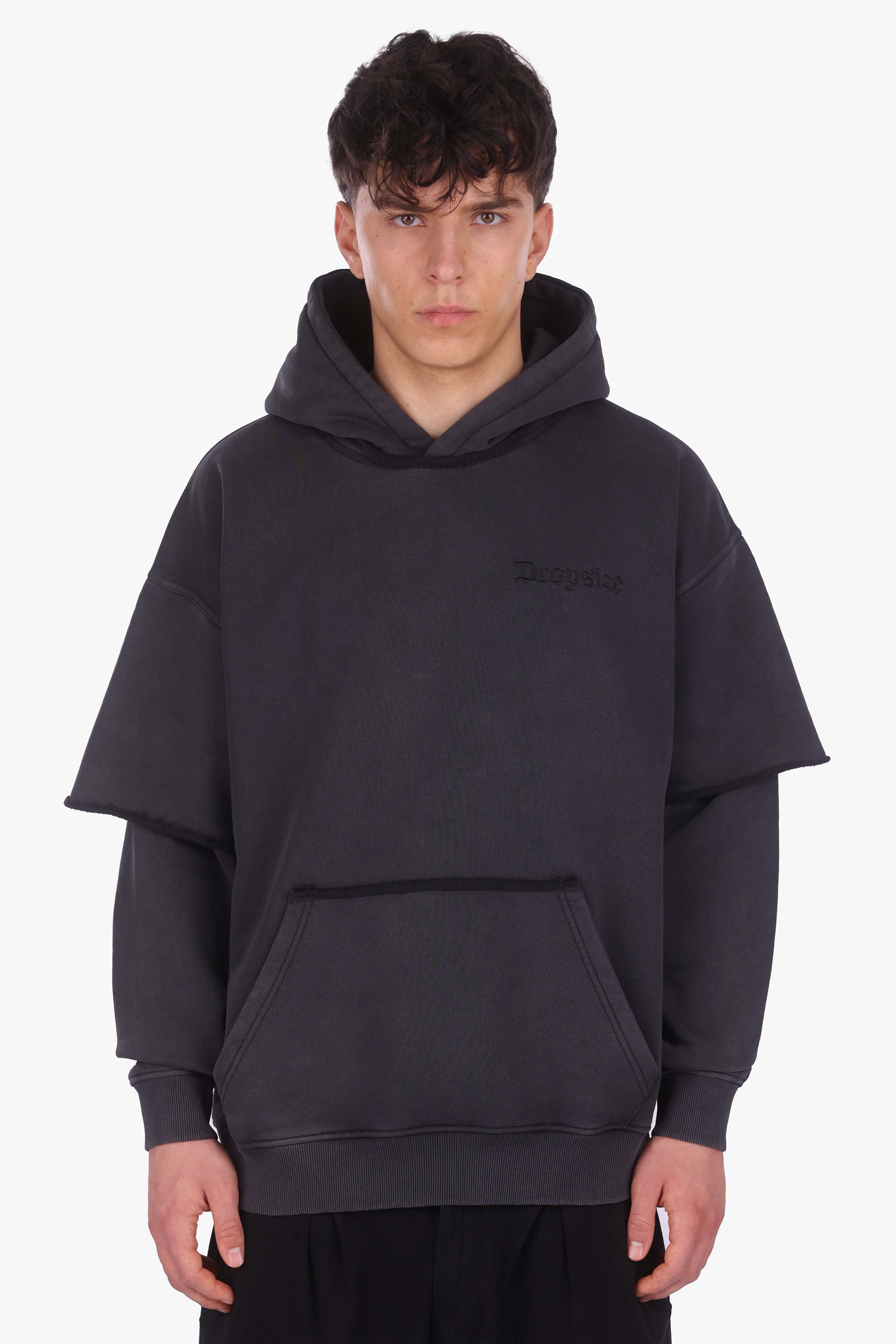 HEAVY OVERSIZE DOUBLE ARM HOODIE ACID WASHED BLACK