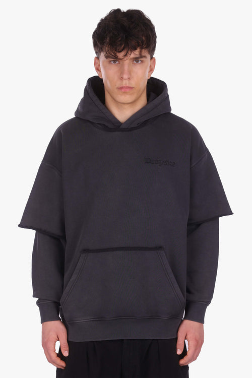 HEAVY OVERSIZE DOUBLE ARM HOODIE ACID WASHED BLACK