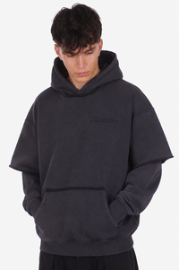 HEAVY OVERSIZE DOUBLE ARM HOODIE ACID WASHED BLACK