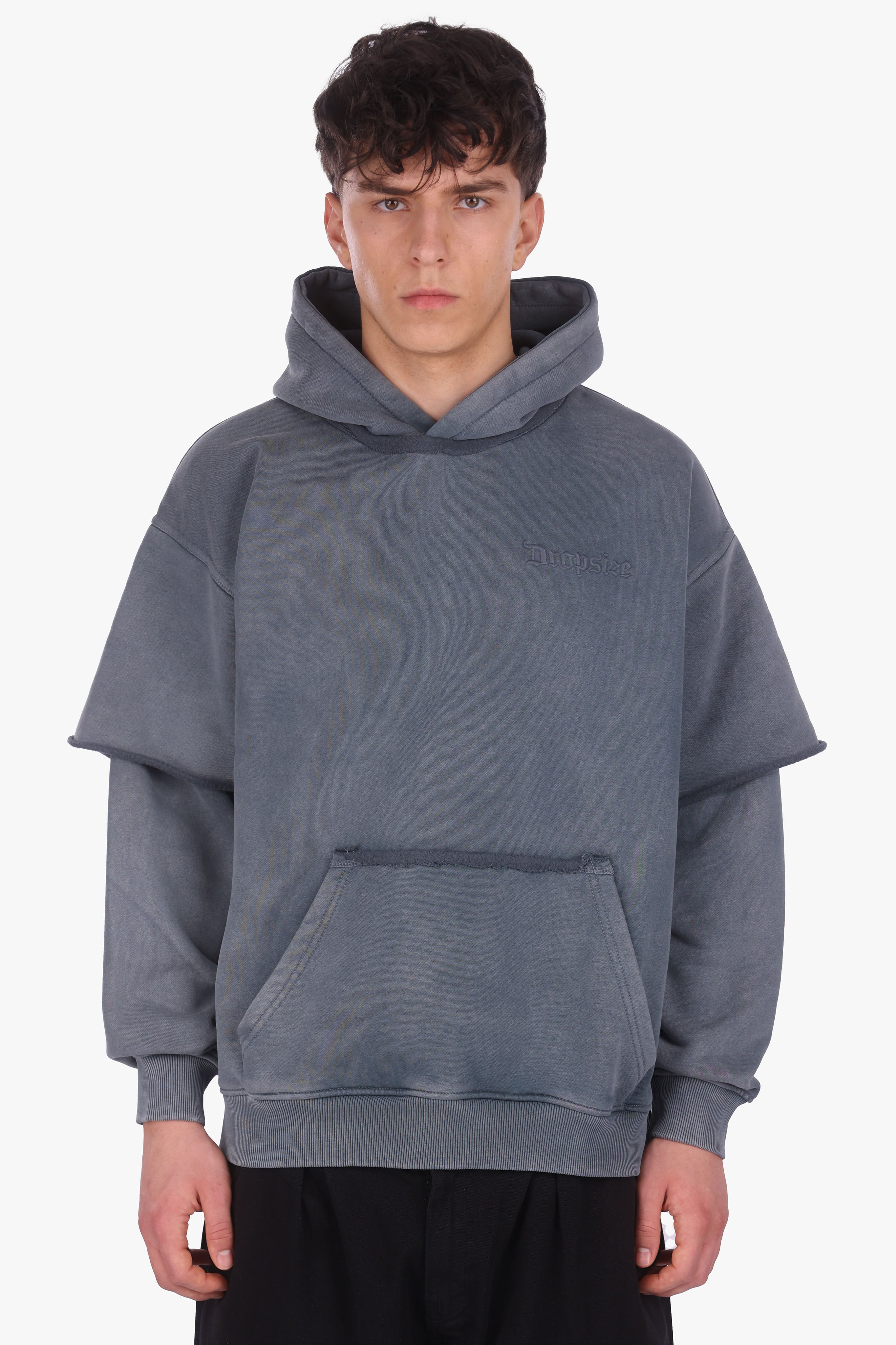 HEAVY OVERSIZE DOUBLE ARM HOODIE ACID WASHED GREY
