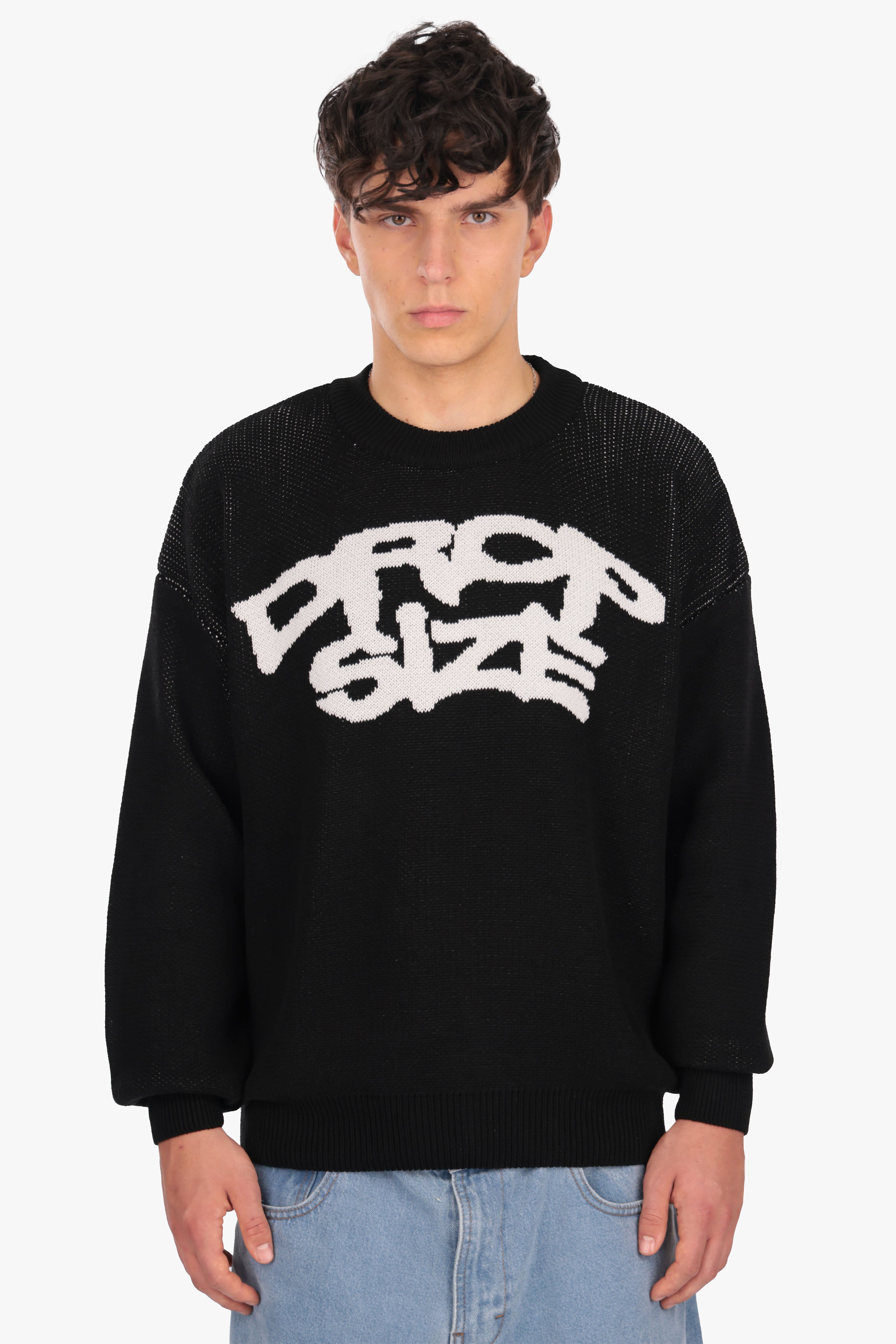 OVERSIZED FRONT LOGO KNIT SWEATER BLACK