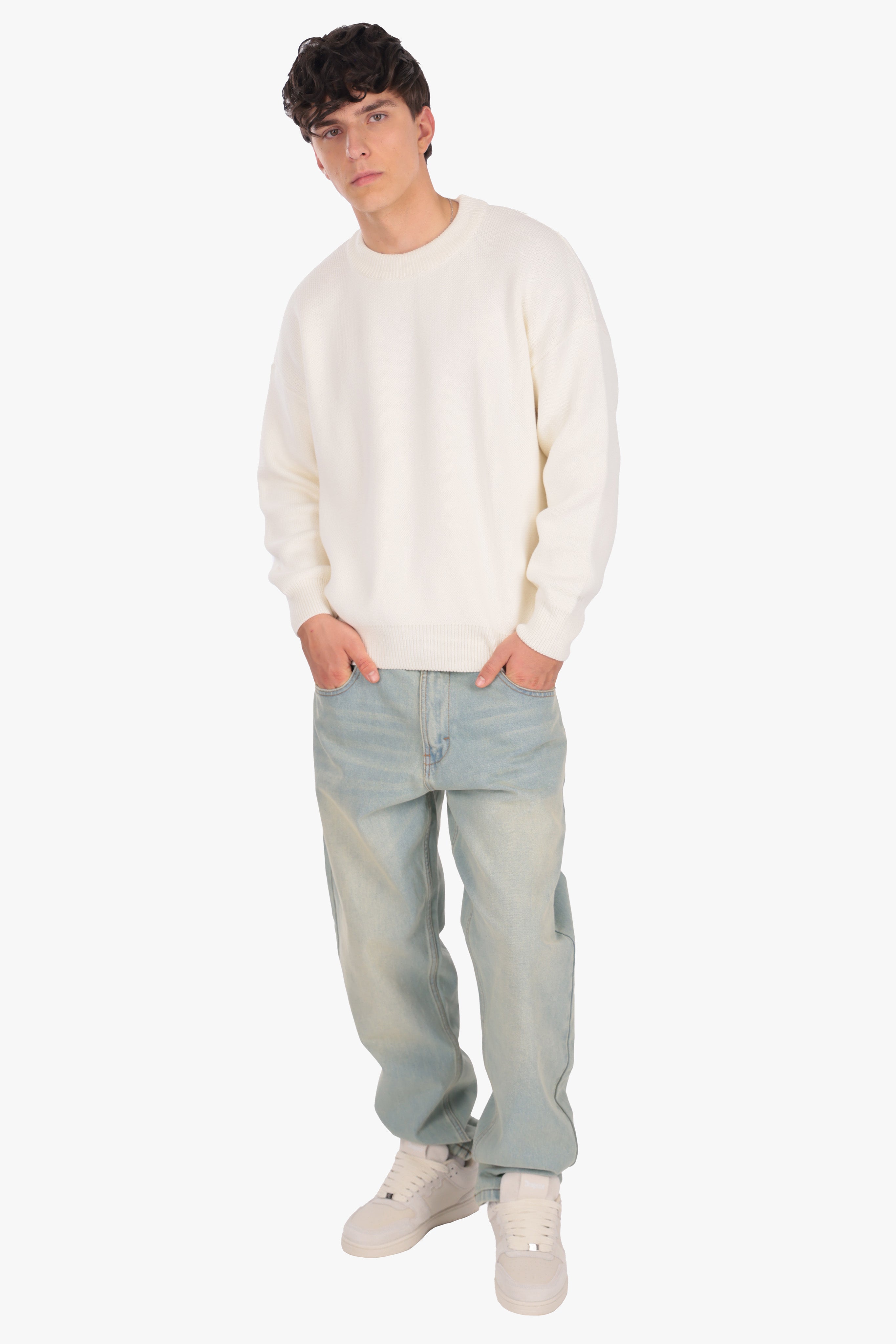 OVERSIZED BASIC EMBO KNIT SWEATER CREAM WHITE