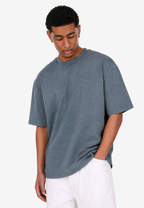 HEAVY OVERSIZE METAL PATCH T-SHIRT ACID WASHED GREY