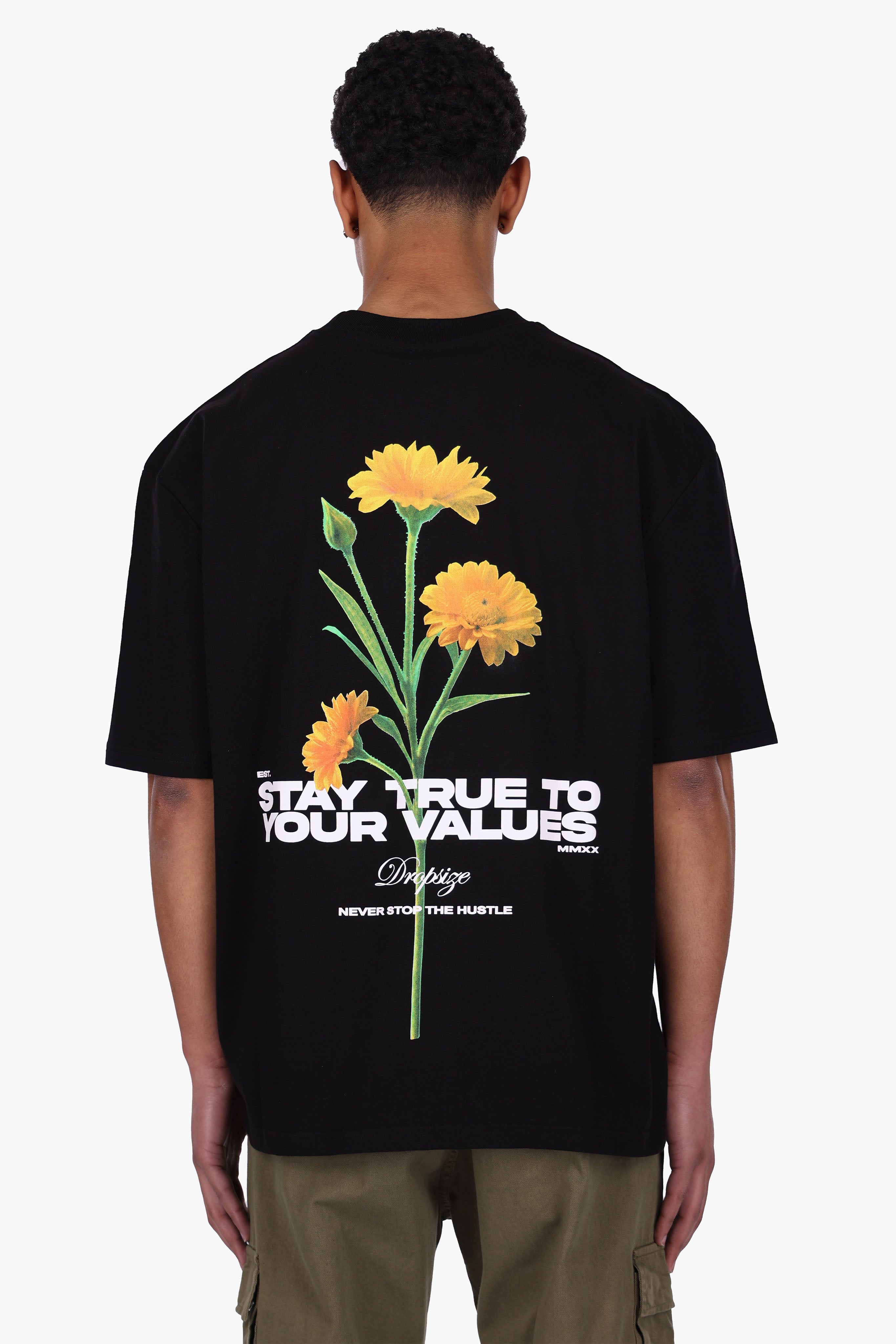 HEAVY OVERSIZE STAY TRUE FLOWERS T-SHIRT BLACK