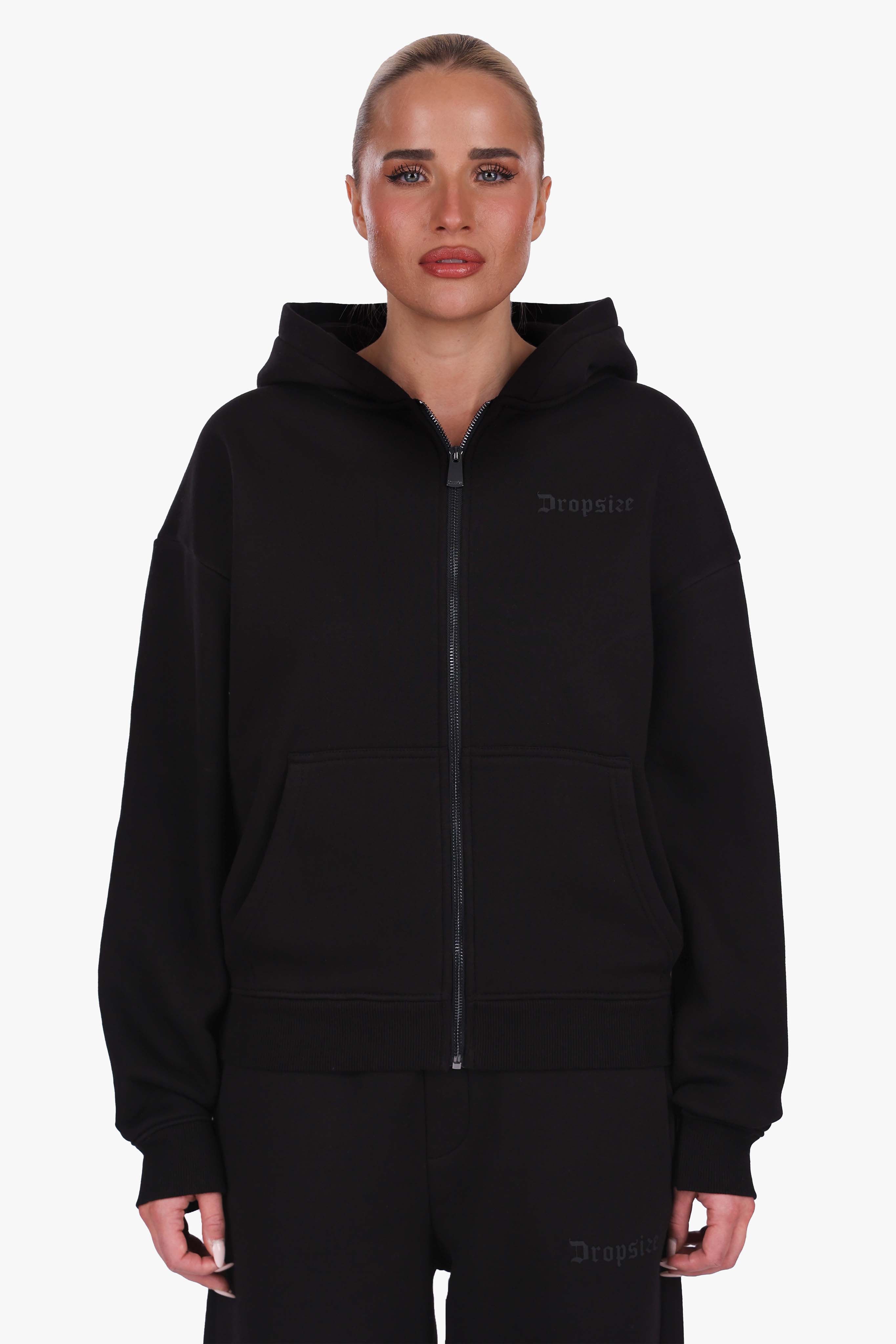 WOMEN BASIC COZY ZIP-HOODIE BLACK
