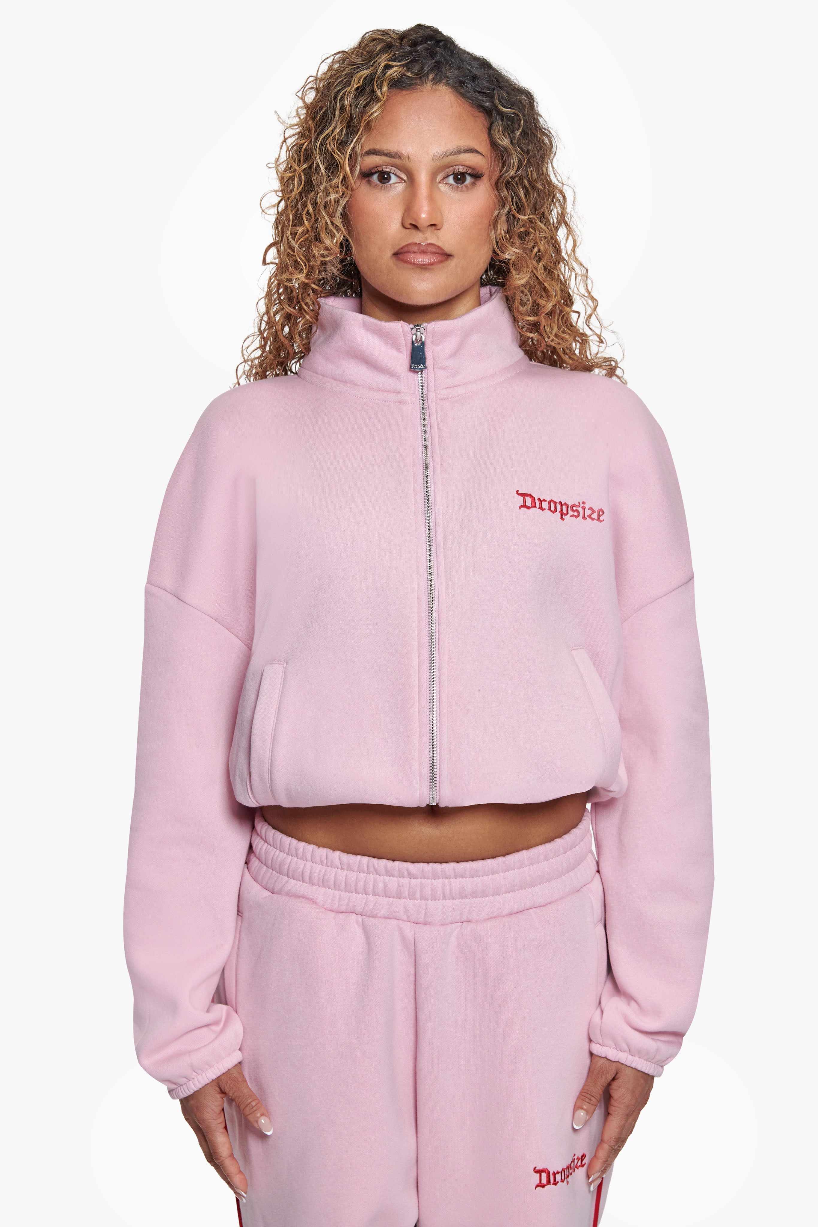 CONTRAST EMBROIDERY WOMEN ZIPPER PINK