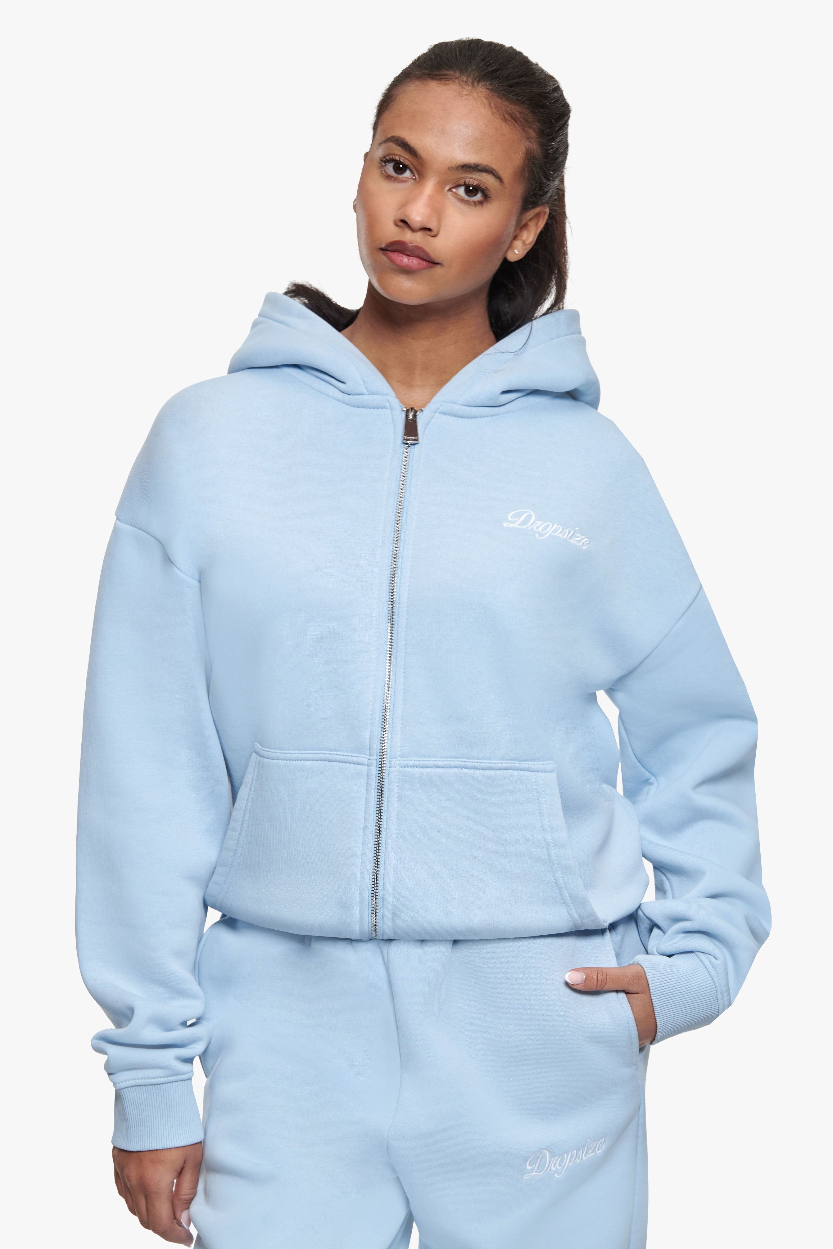 WOMEN CONTRAST EMBO ZIP HOODIE BABY BLUE