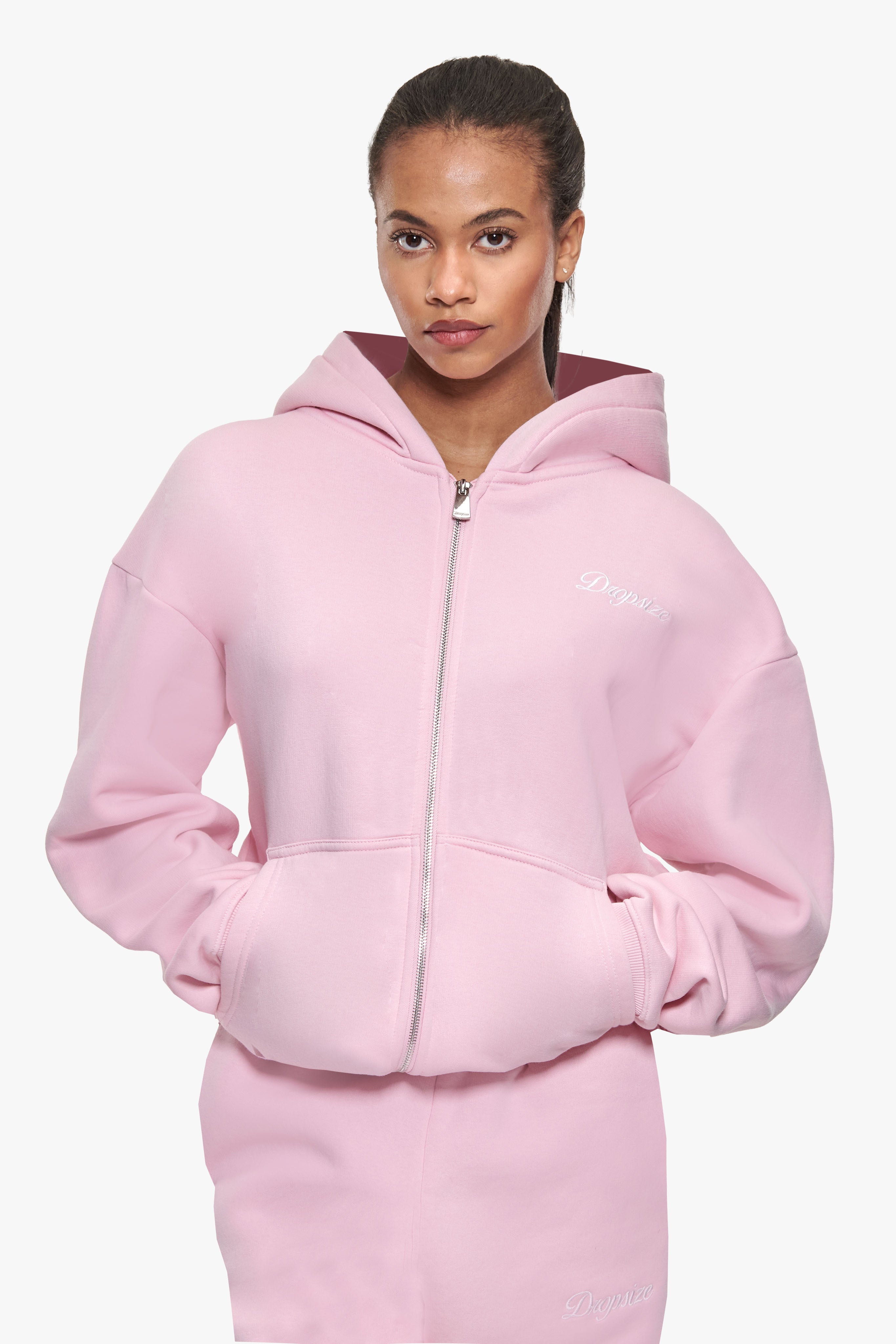WOMEN CONTRAST EMBO ZIP HOODIE LIGHT PINK