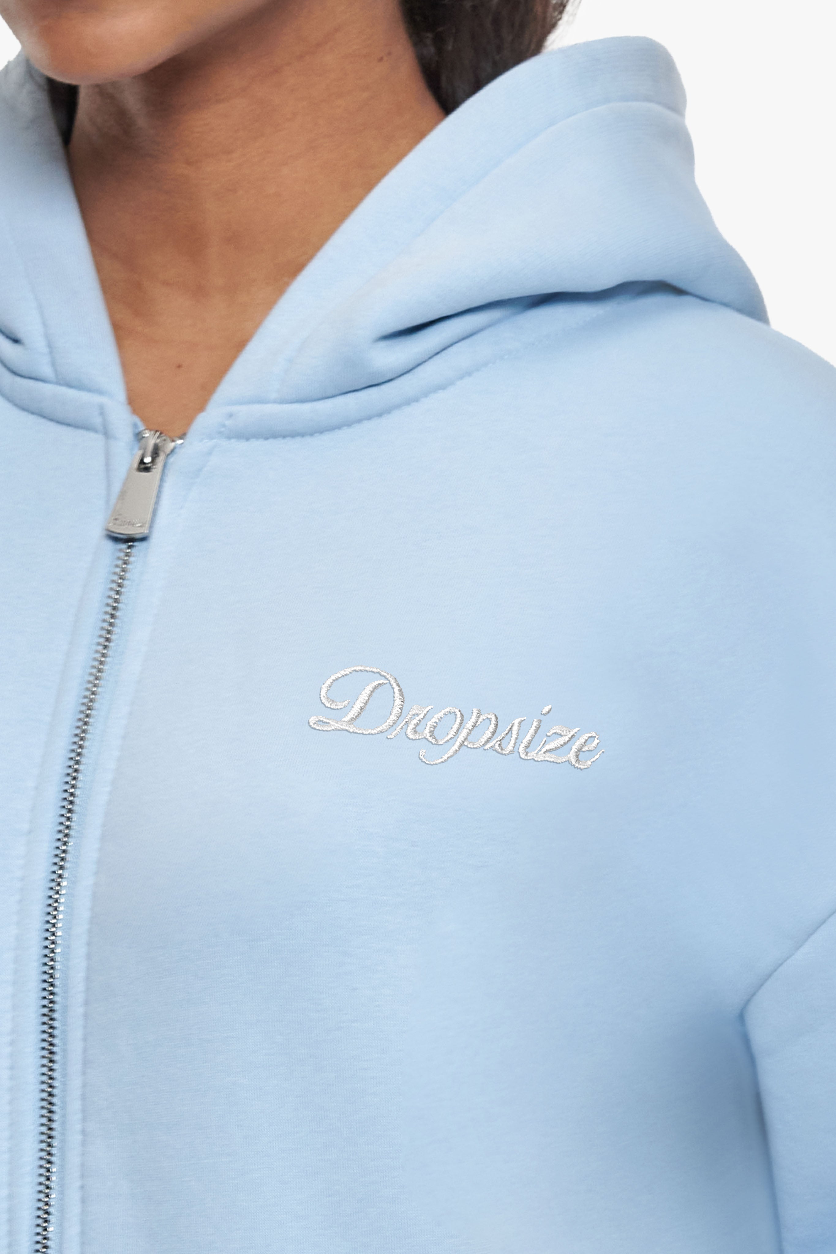 WOMEN CONTRAST EMBO ZIP HOODIE BABY BLUE