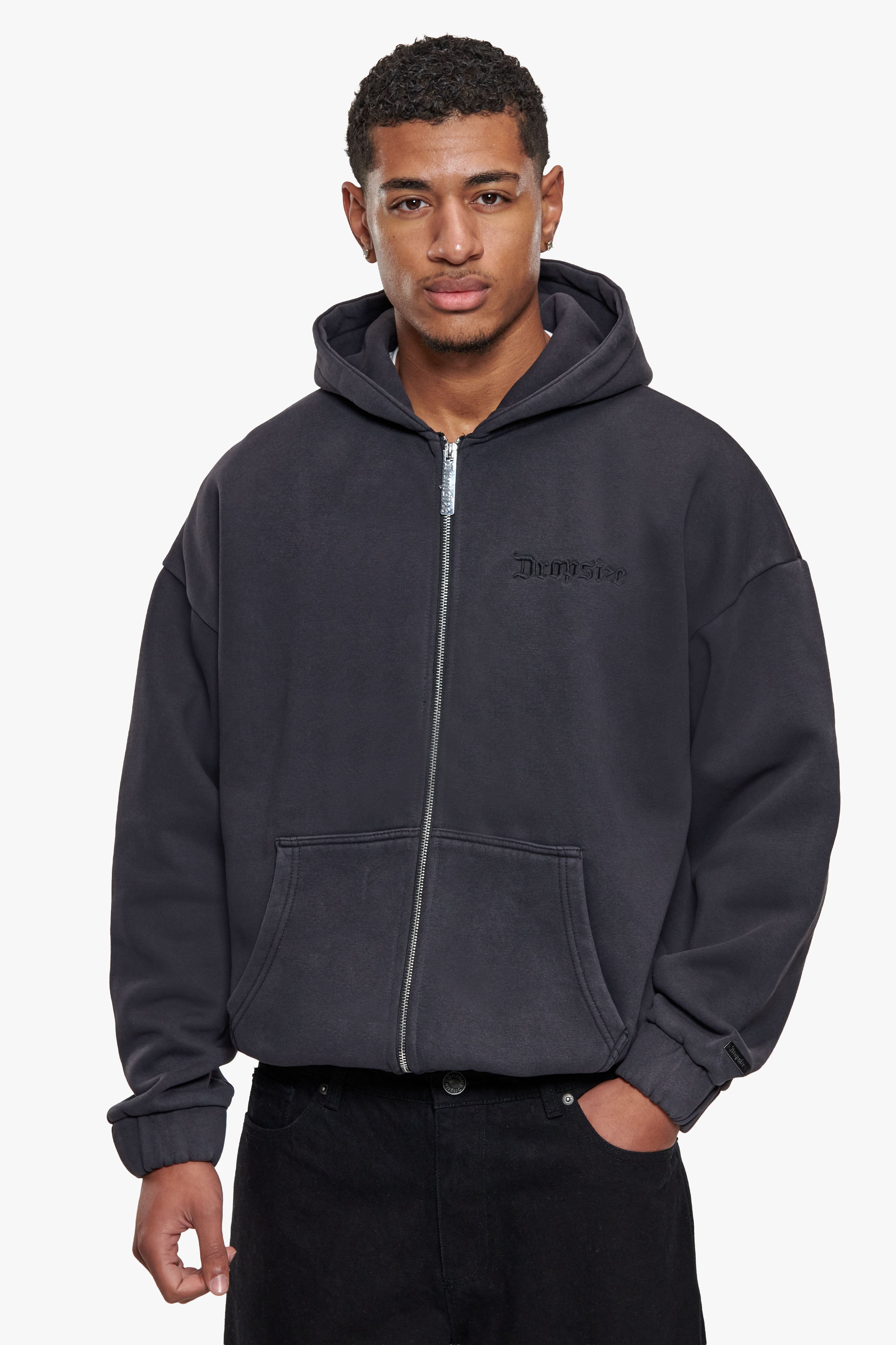 SUPER HEAVY OVERSIZE LOGO ZIP HOODIE ACID WASHED BLACK