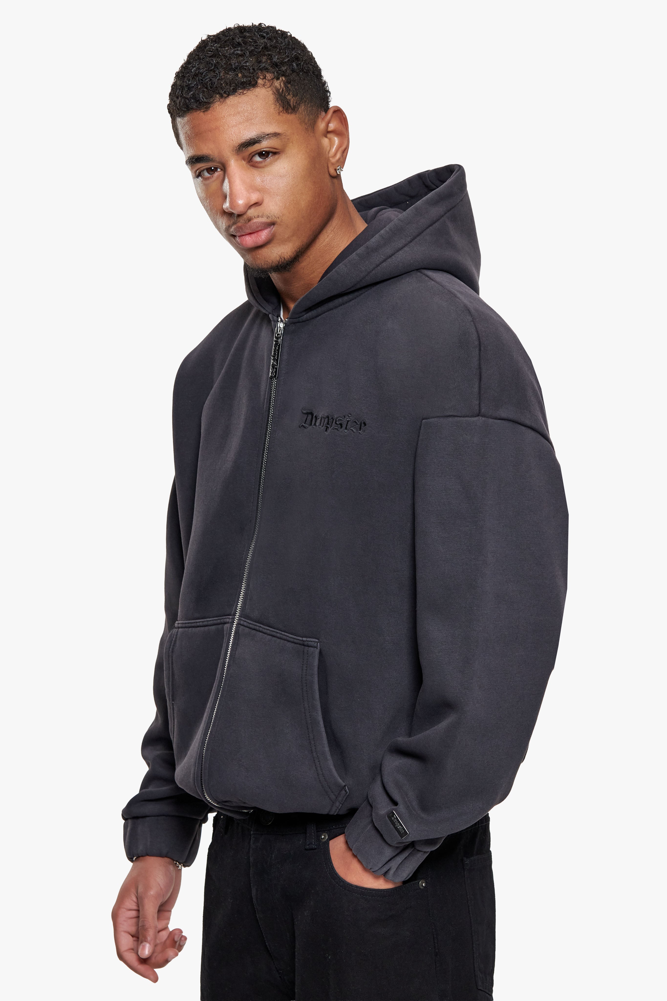SUPER HEAVY OVERSIZE LOGO ZIP HOODIE ACID WASHED BLACK