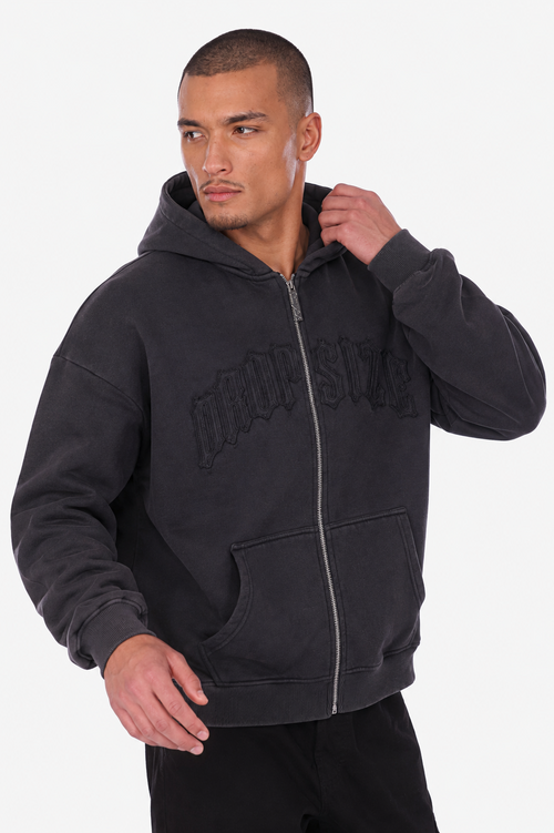 HEAVY OVERISZE RAW EDGES ZIP HOODIE ACID WASHED BLACK