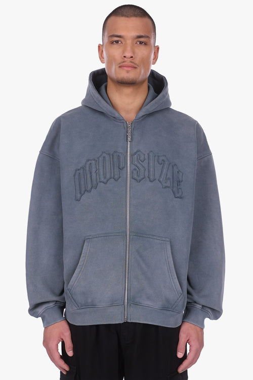 HEAVY OVERISZE RAW EDGES ZIP HOODIE WASHED GREY