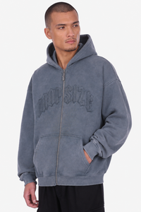 HEAVY OVERISZE RAW EDGES ZIP HOODIE WASHED GREY