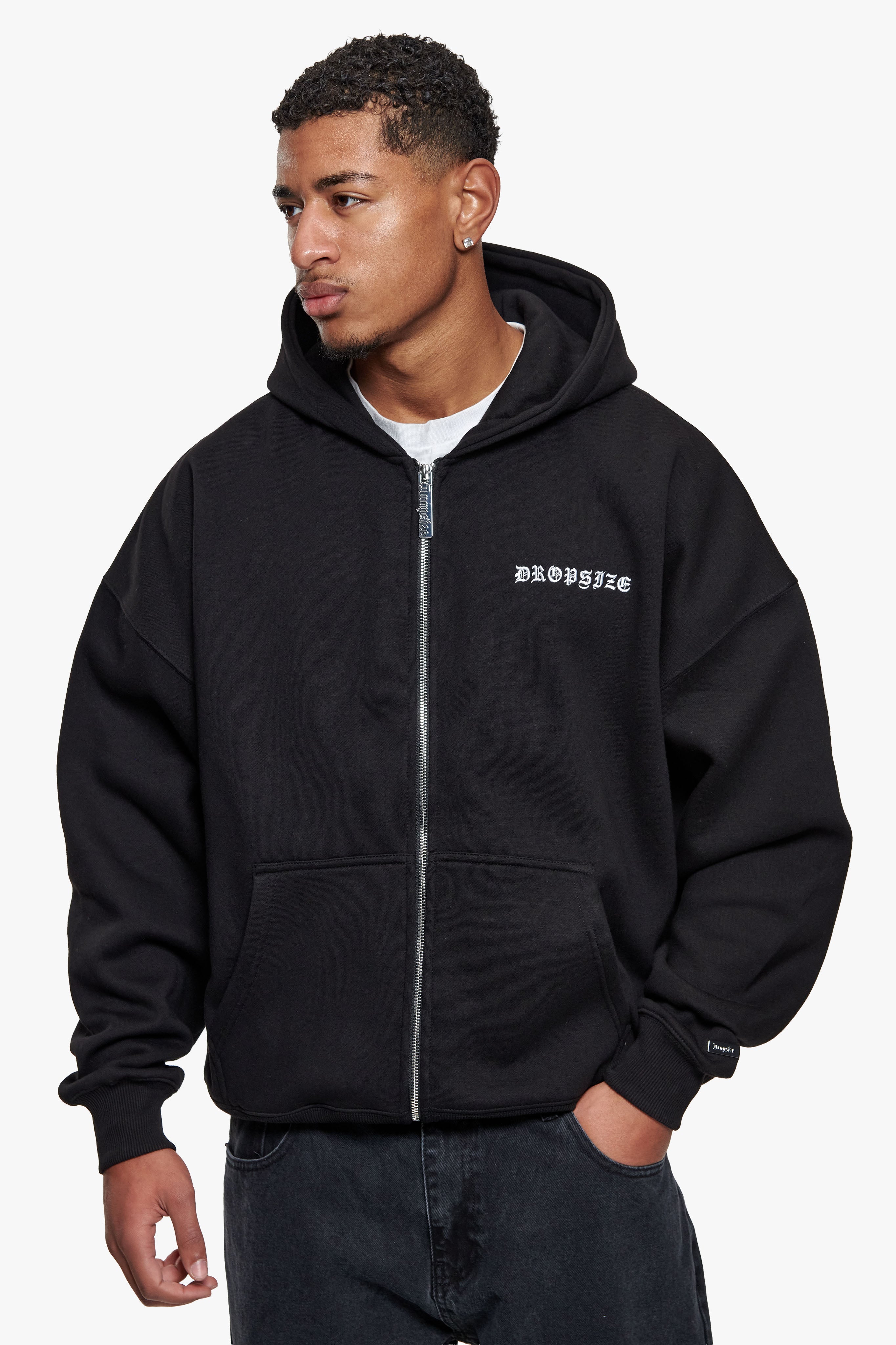 SUPER HEAVY OVERSIZE LOGO ZIP HOODIE BLACK
