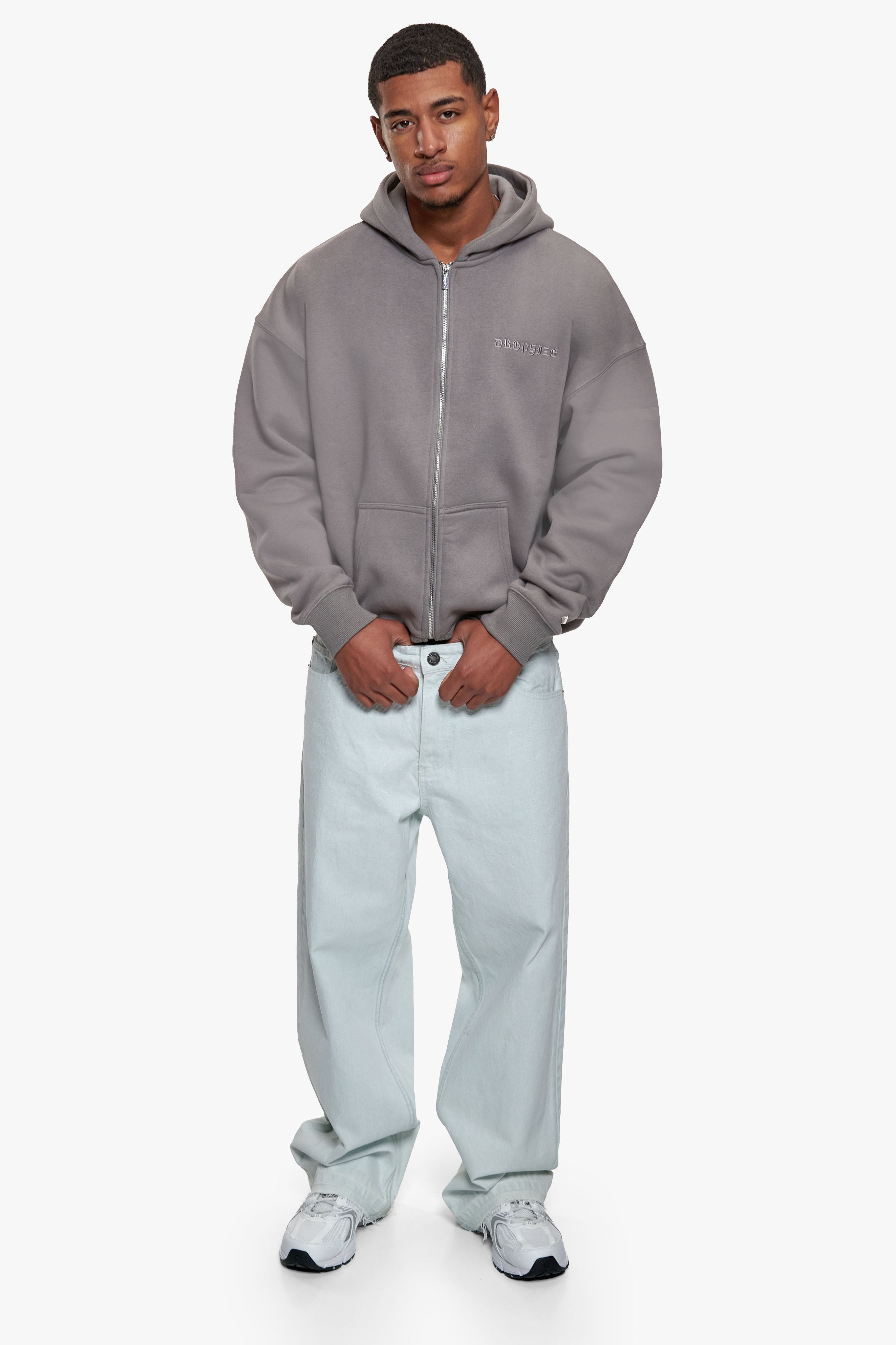 HEAVY OVERSIZE LOGO ZIP HOODIE DARK GREY