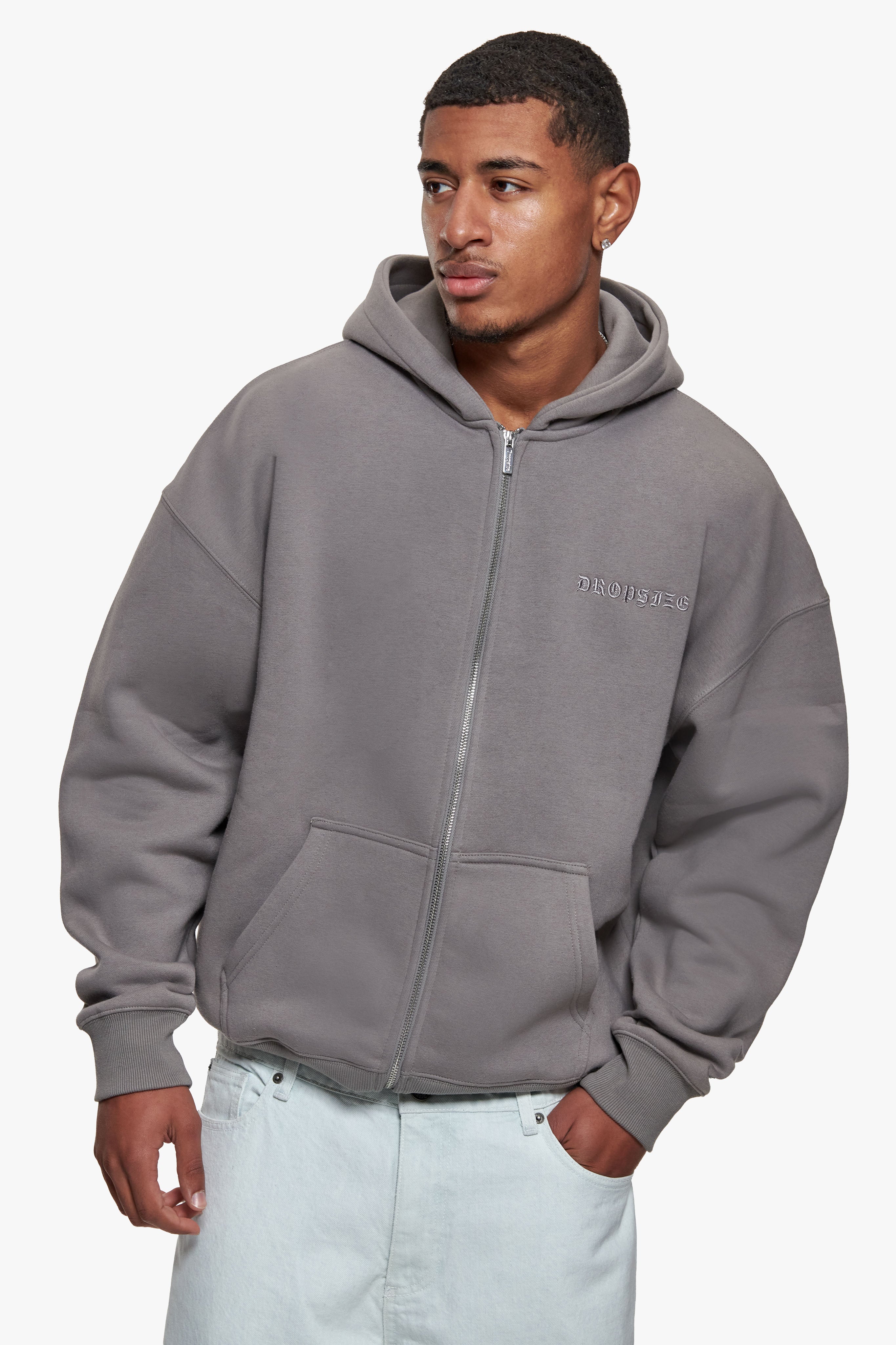 HEAVY OVERSIZE LOGO ZIP HOODIE DARK GREY