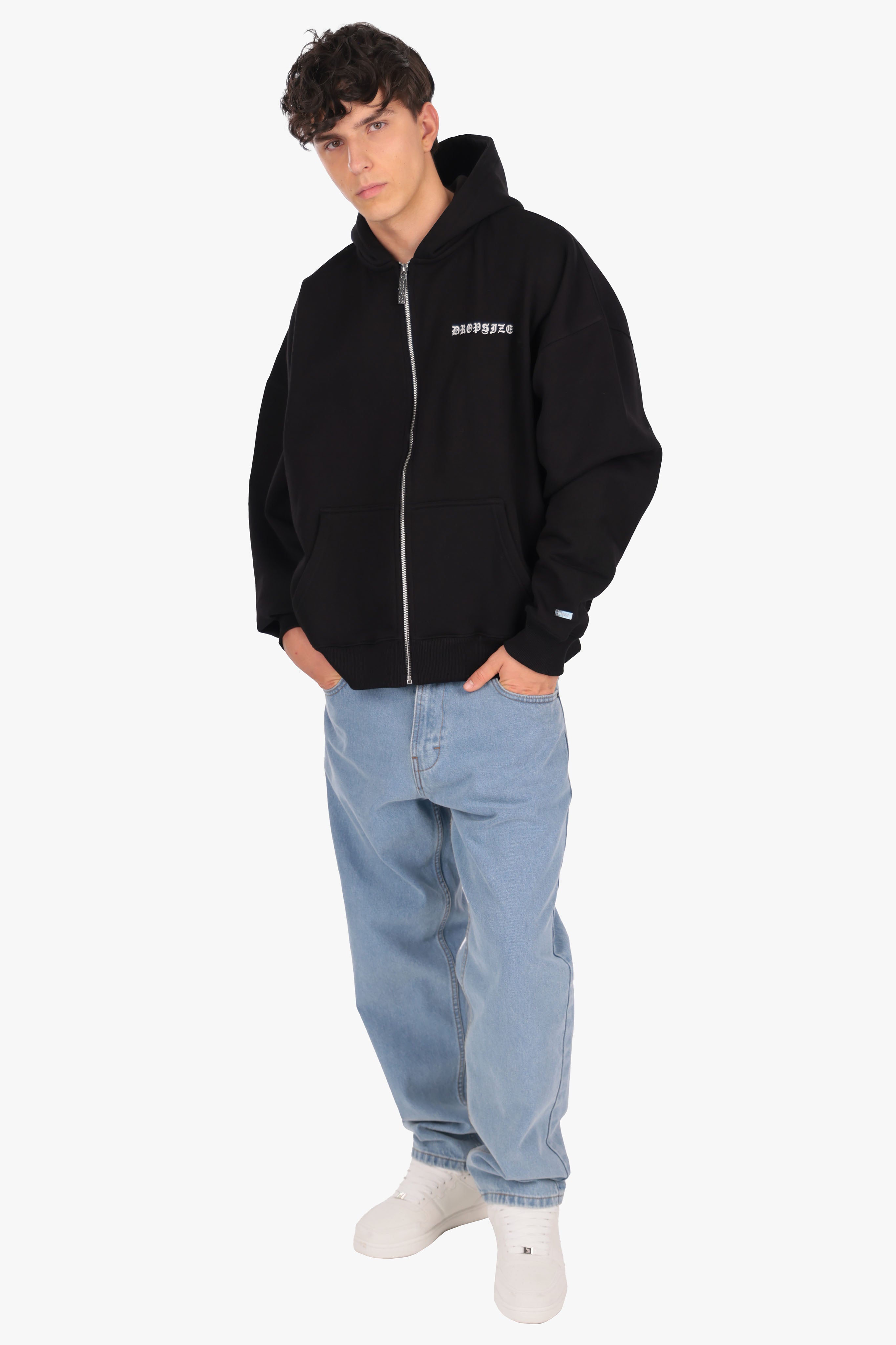 SUPER HEAVY OVERSIZE LOGO ZIP HOODIE BLACK