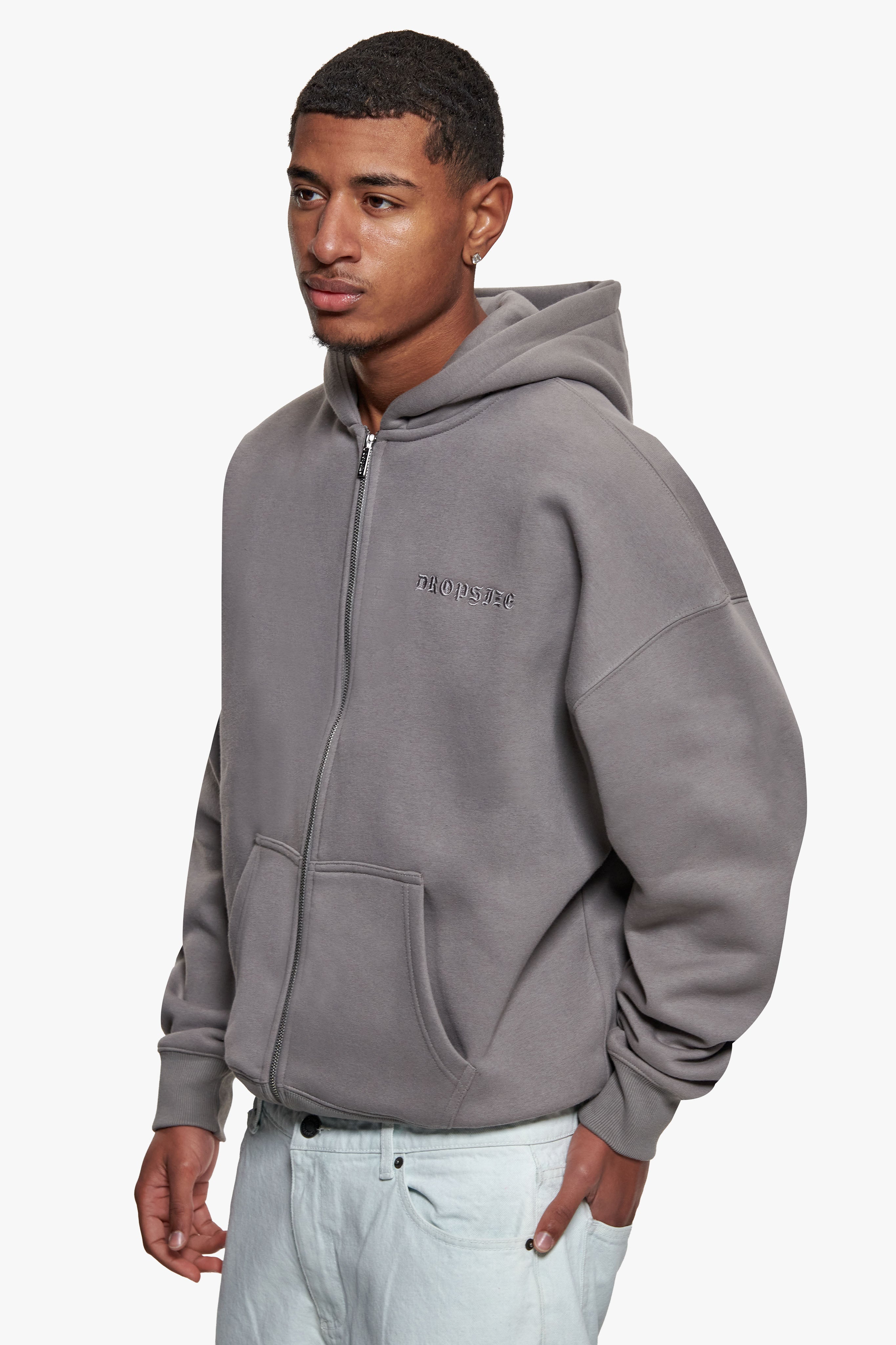 HEAVY OVERSIZE LOGO ZIP HOODIE DARK GREY