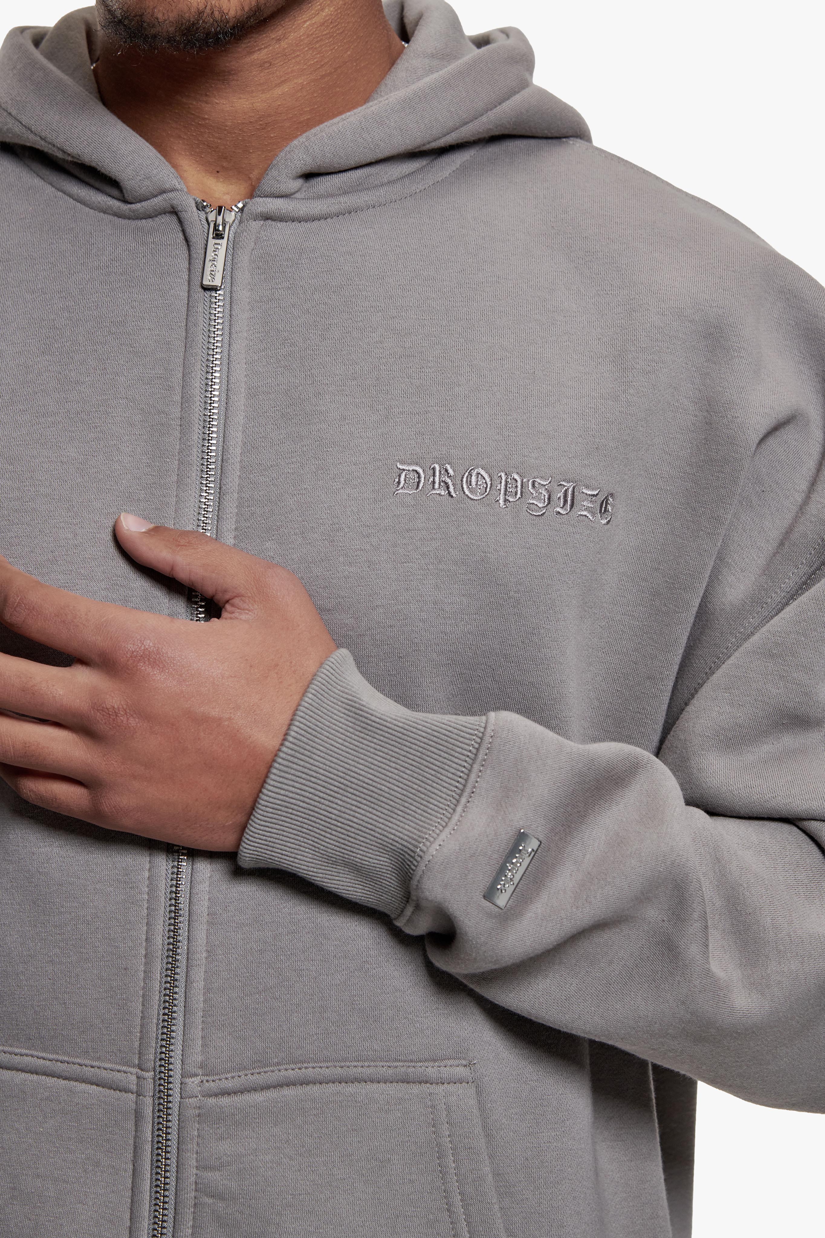 HEAVY OVERSIZE LOGO ZIP HOODIE DARK GREY