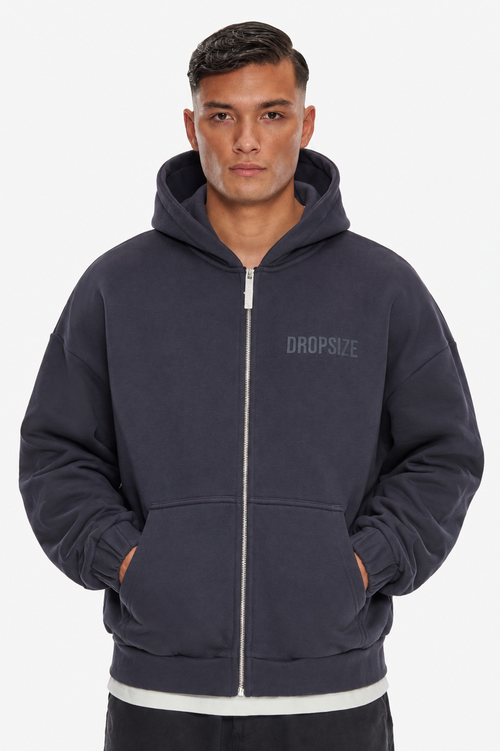 HEAVY OVERSIZE HD PRINT ZIP HOODIE WASHED NAVY