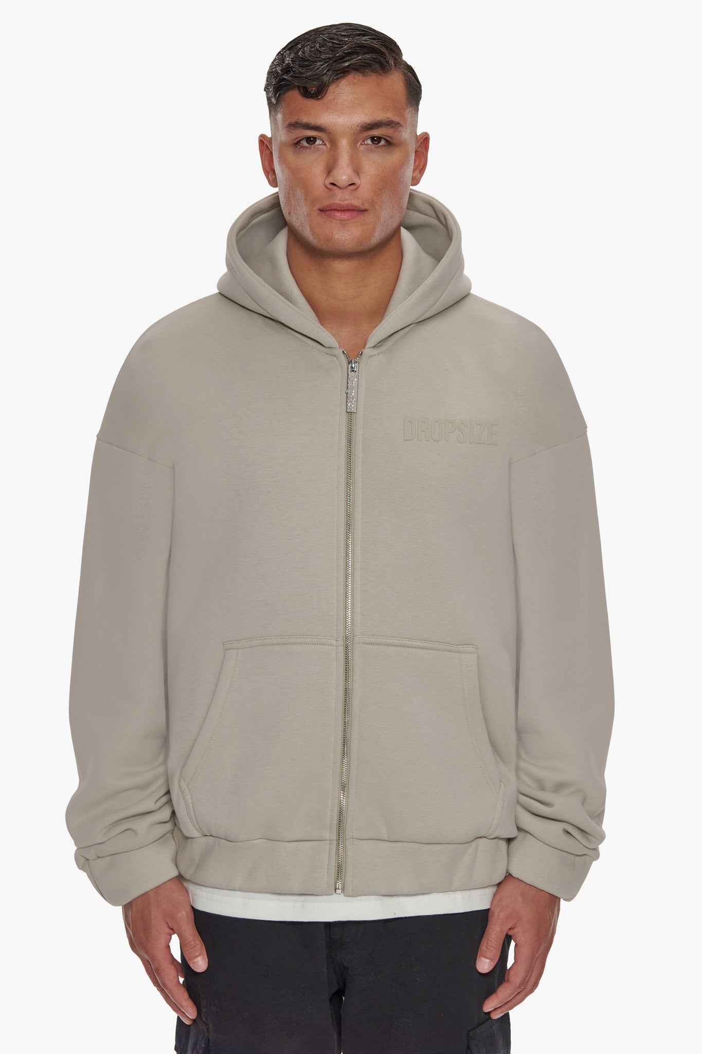 HEAVY OVERSIZE HD PRINT ZIP HOODIE STONE